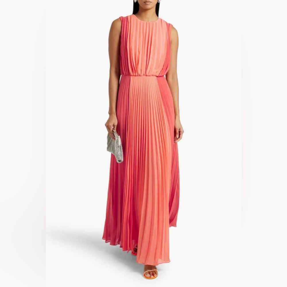 NWT MIKAEL AGHAL Chiffon Maxi Dress Gown - 8, M - High Neck Pleated, Peach Pink